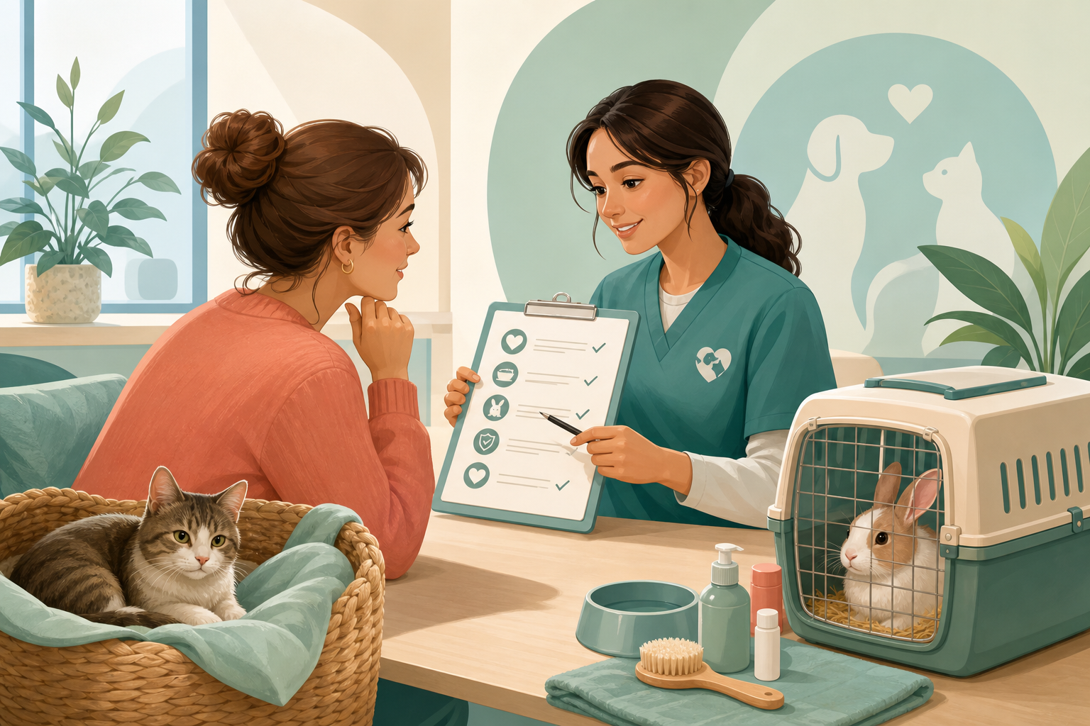 Illustrated APES Pet Care Clinic welfare advisor helping a pet owner with a care checklist beside a cat and rabbit carrier.