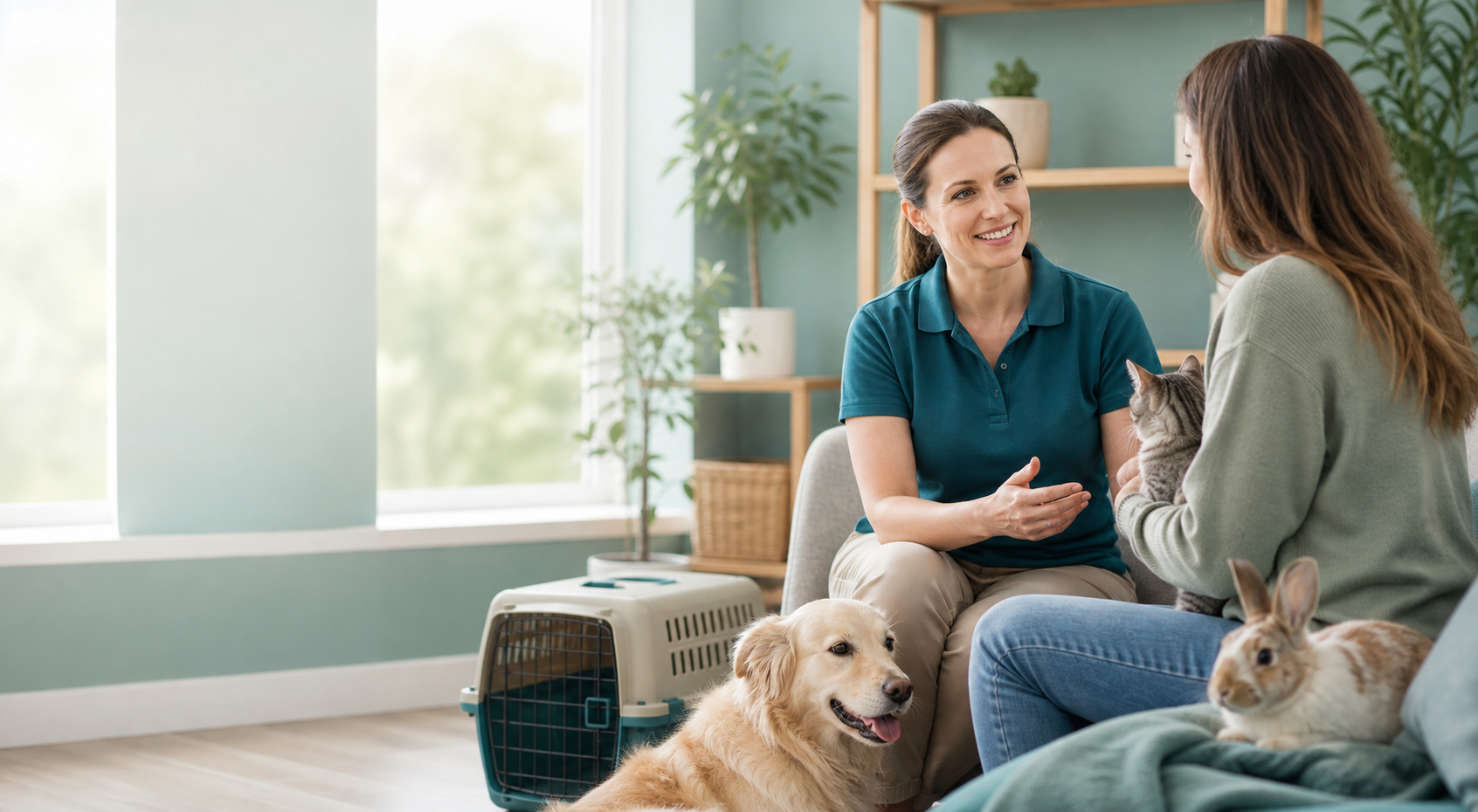 A welcoming APES Pet Care Clinic support setting with a pet owner receiving calm advice alongside a dog, cat, and rabbit.